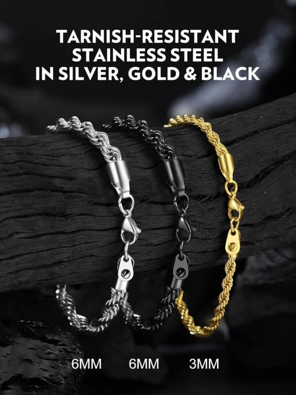 Waterproof Stainless Steel Twisted Rope Chain Bracelet - Adjustable Length